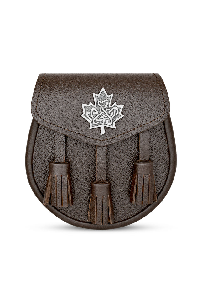 Brown Leather Sporran with Celtic Maple Leaf Badge