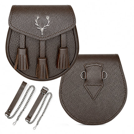 Brown Leather Sporran with Antique Stag Head Badge