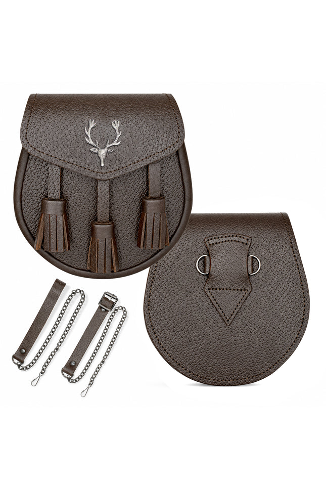 Brown Leather Sporran with Antique Stag Head Badge