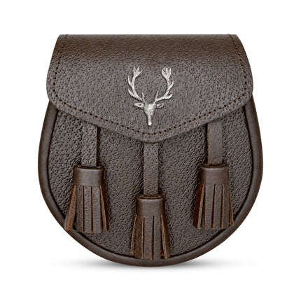 Brown Leather Sporran with Antique Stag Head Badge