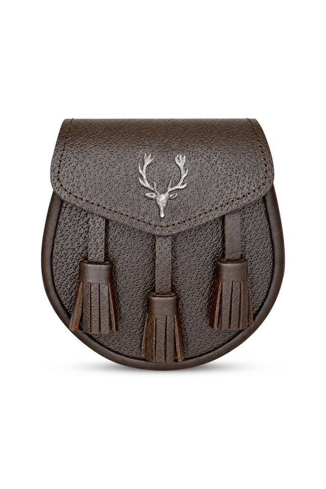 Brown Leather Sporran with Antique Stag Head Badge