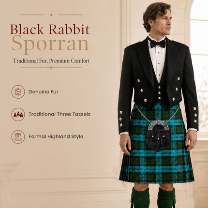 Formal Black Rabbit Fur Sporran with Black Cross Antique Cantle