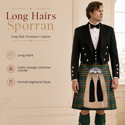 Full Dress Horse Hair Sporran with Celtic Chrome Cantle