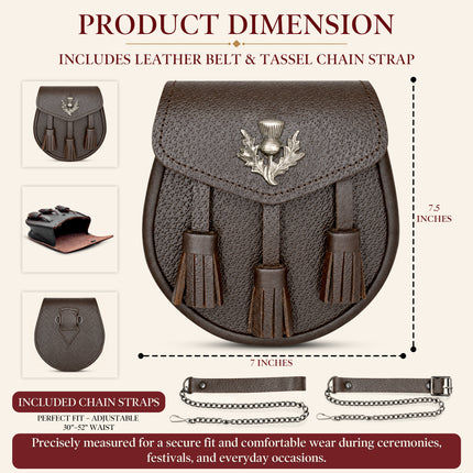 Brown Leather Sporran with Antique Scottish Thistle Badge