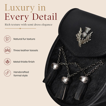Deluxe Leather Sporran Black with Thistle Antique