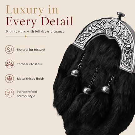 Formal Black Rabbit Fur Sporran with Black Cross Antique Cantle