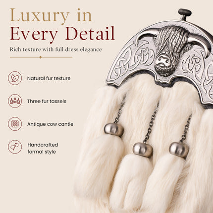 White Rabbit Fur Sporran with Highland Cow Antique Finish Cantle