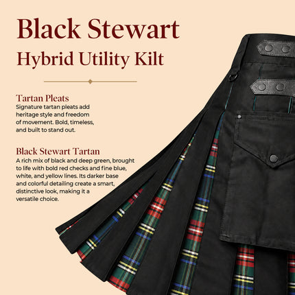 Black Stewart Hybrid Utility Kilt for Men  - Traditional Style with Modern Functionality