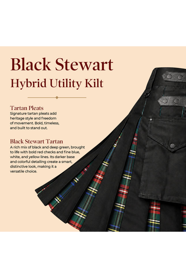 Black Stewart Hybrid Utility Kilt for Men  - Traditional Style with Modern Functionality