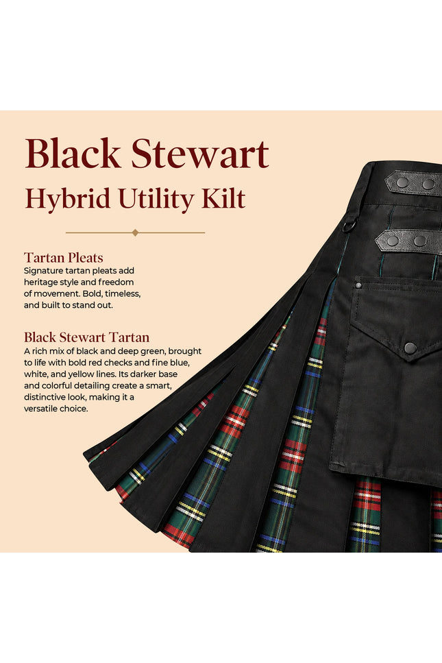 Black Stewart Hybrid Utility Kilt for Men  - Traditional Style with Modern Functionality