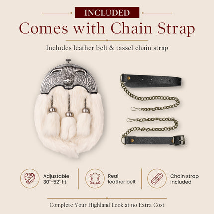 White Rabbit Fur Sporran with Highland Cow Antique Finish Cantle