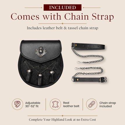 Deluxe Leather Sporran Black with Thistle Antique