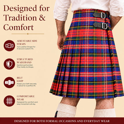 Kilt for Men I Macpherson Red Tartan Kilt Polyviscose 8 Yard Traditional Men Kilt