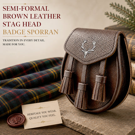 Brown Leather Sporran with Antique Stag Head Badge