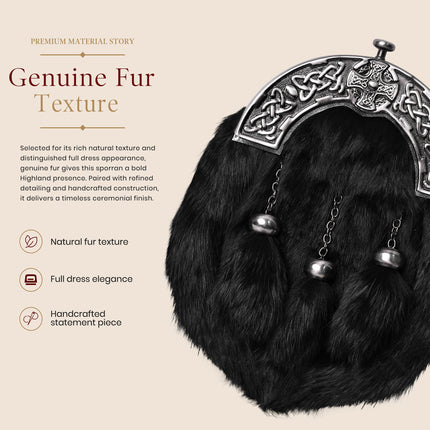 Formal Black Rabbit Fur Sporran with Black Cross Antique Cantle