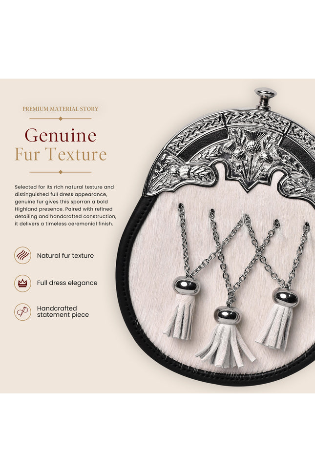 Formal White Bovine Cross Chain Sporran with Thistle Chrome Cantle