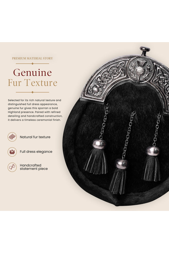 Formal Black Bovine Sporran with Black Thistle Antique Cantle
