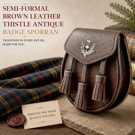Brown Leather Sporran with Antique Scottish Thistle Badge