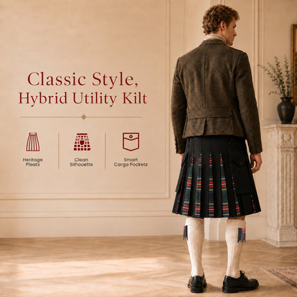 Black Stewart Hybrid Utility Kilt for Men  - Traditional Style with Modern Functionality | Big & Tall