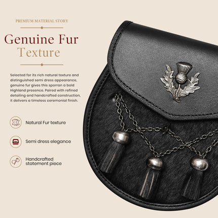 Deluxe Leather Sporran Black with Thistle Antique