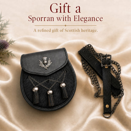 Deluxe Leather Sporran Black with Thistle Antique