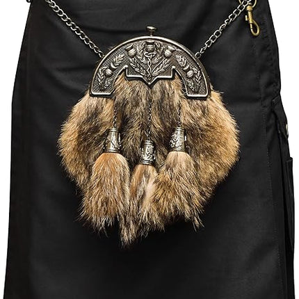 Coyote Fur Sporran with Thistle Antique Cantle