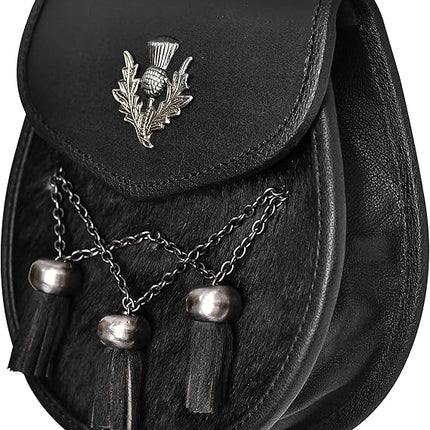 Semi Dress Leather Sporran w/ Thistle Badge I Black Plain