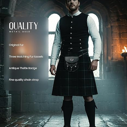 Deluxe Leather Sporran Black with Thistle Antique