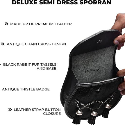 Semi Dress Leather Sporran w/ Thistle Badge I Black Plain
