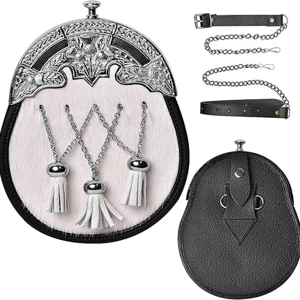 Formal White Bovine Cross Chain Sporran with Thistle Chrome Cantle