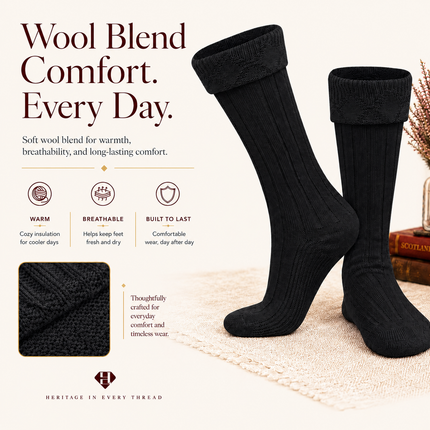 Comfortable Wool Blend Black Kilt Hose | High-Quality Kilt Socks