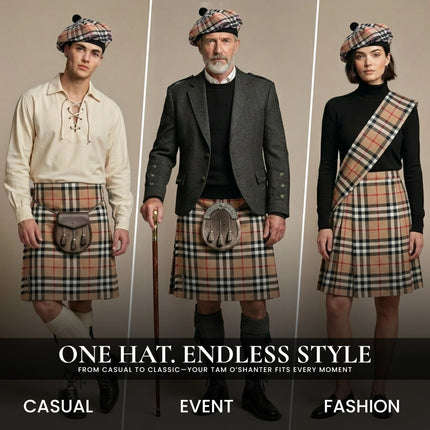 Tam O'Shanter Hat with Pompom | Camel Thomson Tartan