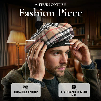 Tam O'Shanter Hat with Pompom | Camel Thomson Tartan