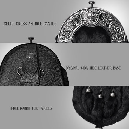 Formal Black Rabbit Fur Sporran with Black Celtic Antique Cantle