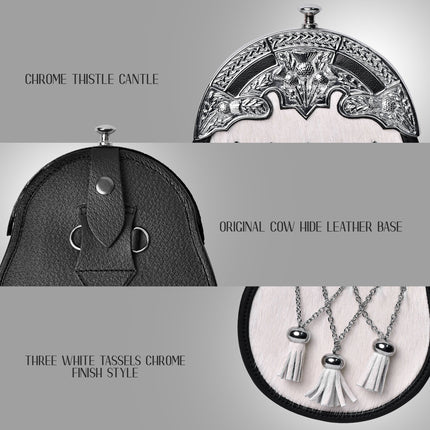 Formal White Bovine Cross Chain Sporran with Thistle Chrome Cantle
