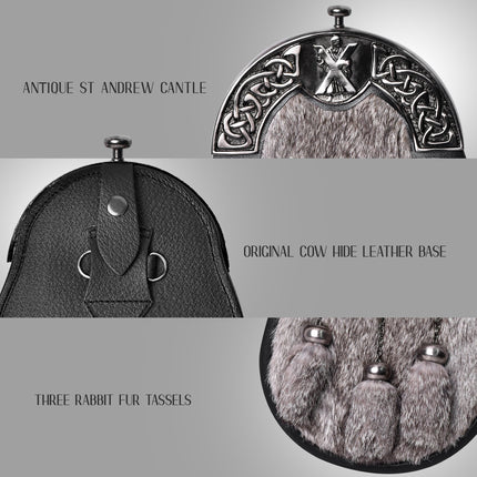 Formal Gray Rabbit Fur Sporran with St. Andrew Antique Cantle