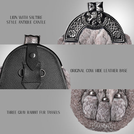 Formal Gray Rabbit Fur Sporran with Gray Lion Antique Cantle