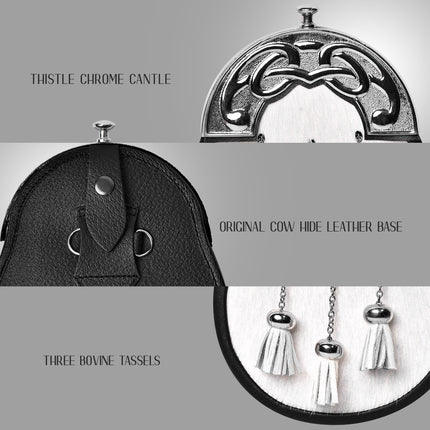 Formal White Bovine Sporran with Chrome Cantle