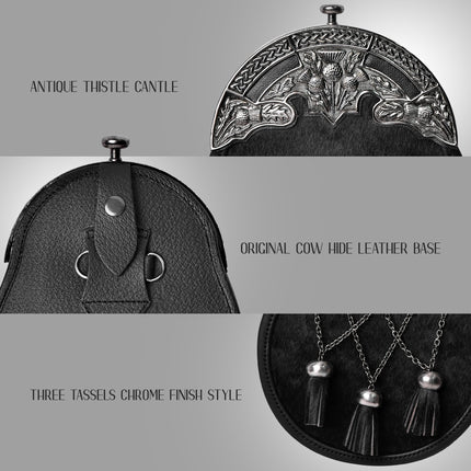 Formal Black Bovine Cross Chain Sporran with Thistle Antique Cantle