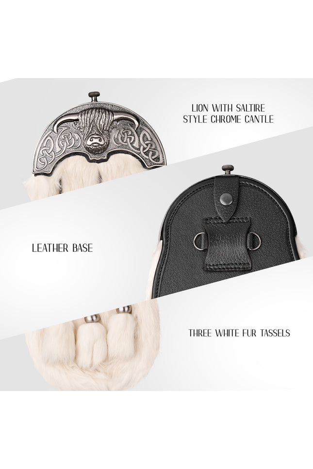 White Rabbit Fur Sporran with Highland Cow Antique Finish Cantle
