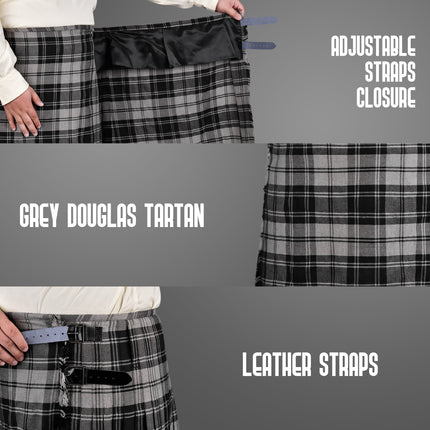 Kilt for Men I Grey Douglas Tartan Kilt Polyviscose 8 Yard Traditional Men Kilt | Big & Tall