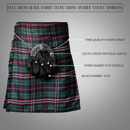 Formal Black Rabbit Fur Sporran with Black Celtic Antique Cantle