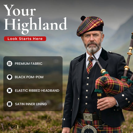 Tam O'Shanter Hat with Pompom | Firefighter Tartan