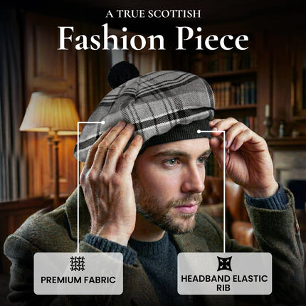 Tam O'Shanter Hat with Pompom | Grey Hamilton Tartan