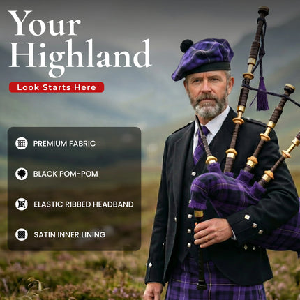 Tam O'Shanter Hat with Pompom | Highland Mist Tartan
