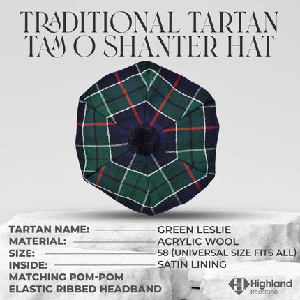 Tam O'Shanter Hat with Pompom | Green Leslie Tartan