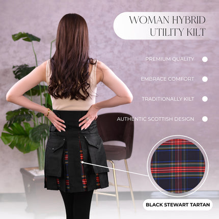 Women's Hybrid Utility Kilt | Black Stewart Tartan | Big & Tall