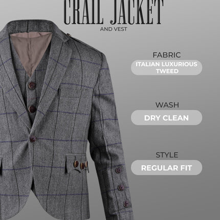 Bold Grey Crail Jacket & Vest - Red Check  -  Italian Tweed Wool | Scottish Formalwear