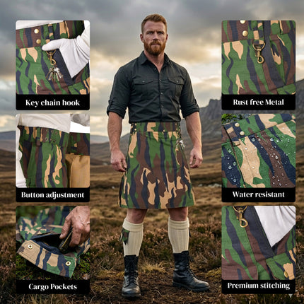 StoneGringe Men’s Camouflage Utility Kilt  - Rugged Ripstop Cotton tactical men kilt with brass hardware