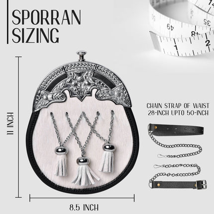 Formal White Bovine Cross Chain Sporran with Thistle Chrome Cantle